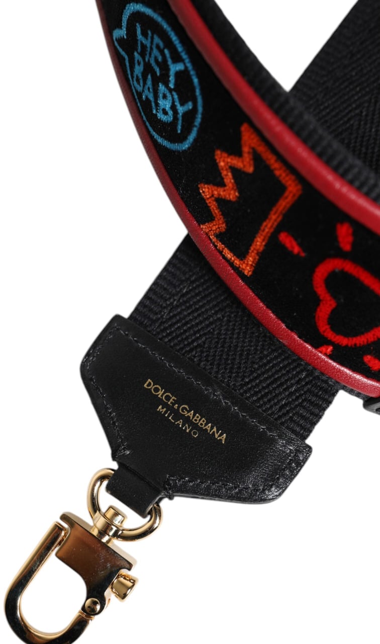 Dolce & Gabbana Black Cotton Printed Bag Shoulder Strap Zwart