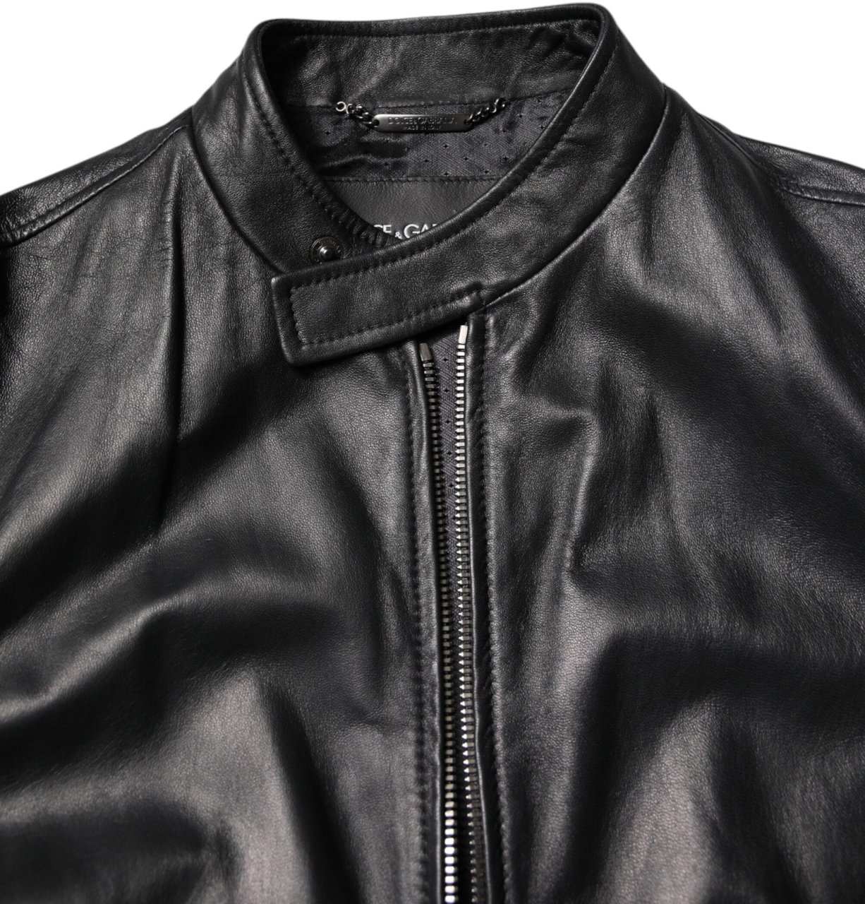 Dolce & Gabbana Black Sheep Leather Biker Full Zip Jacket Zwart