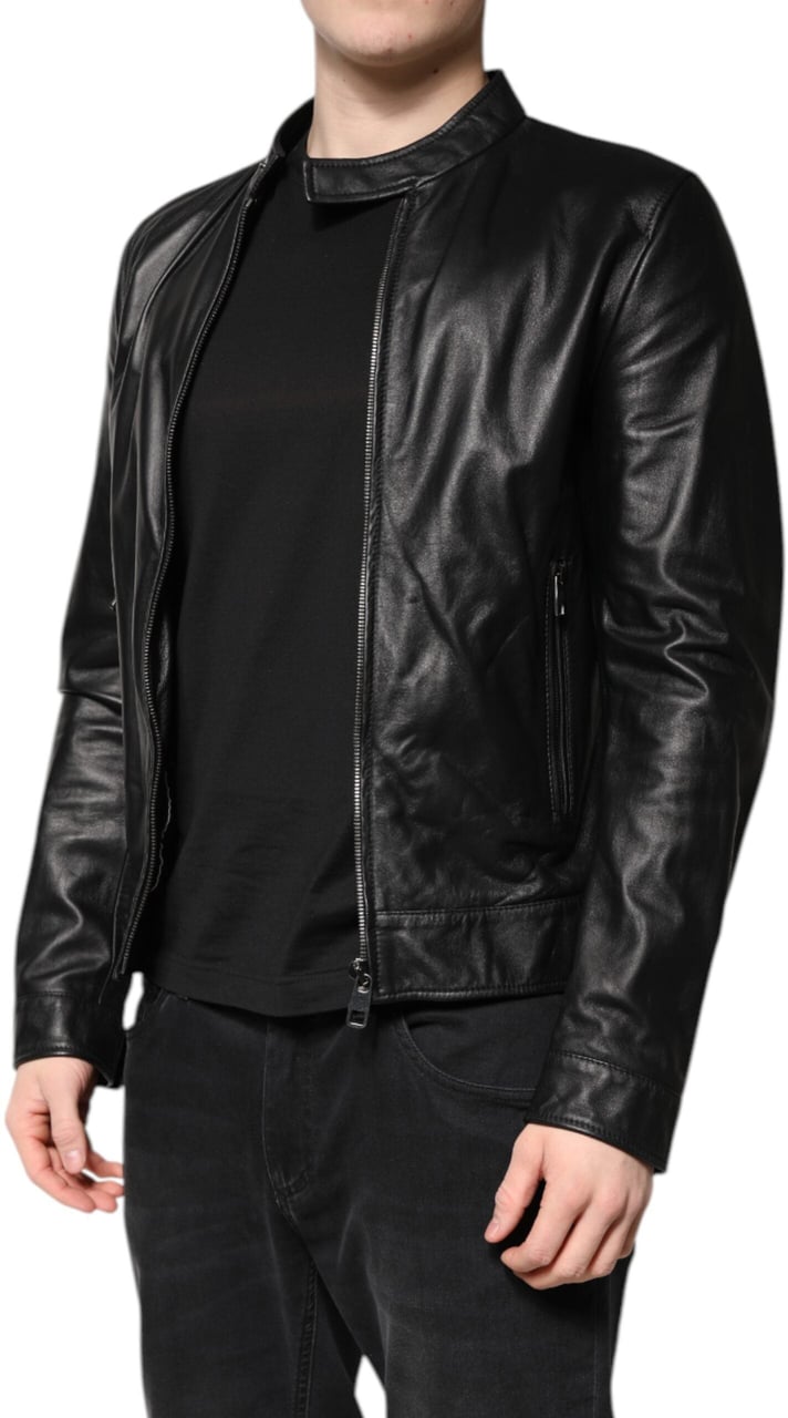Dolce & Gabbana Black Sheep Leather Biker Full Zip Jacket Zwart