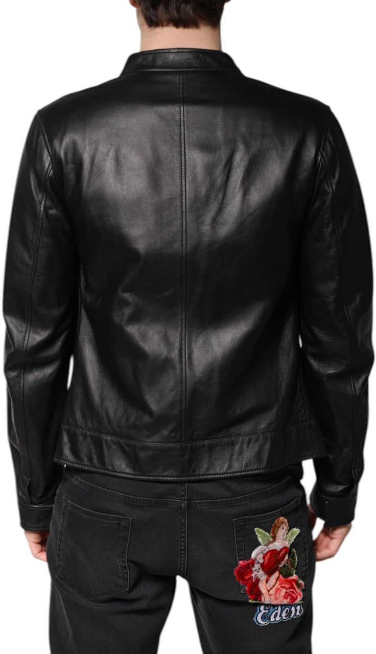 Dolce & Gabbana Black Sheep Leather Biker Full Zip Jacket Zwart