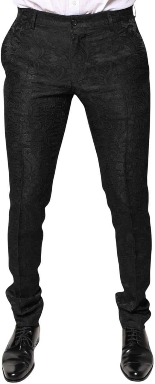Dolce & Gabbana Black Floral Jacquard Mid Waist Dress Pants Zwart