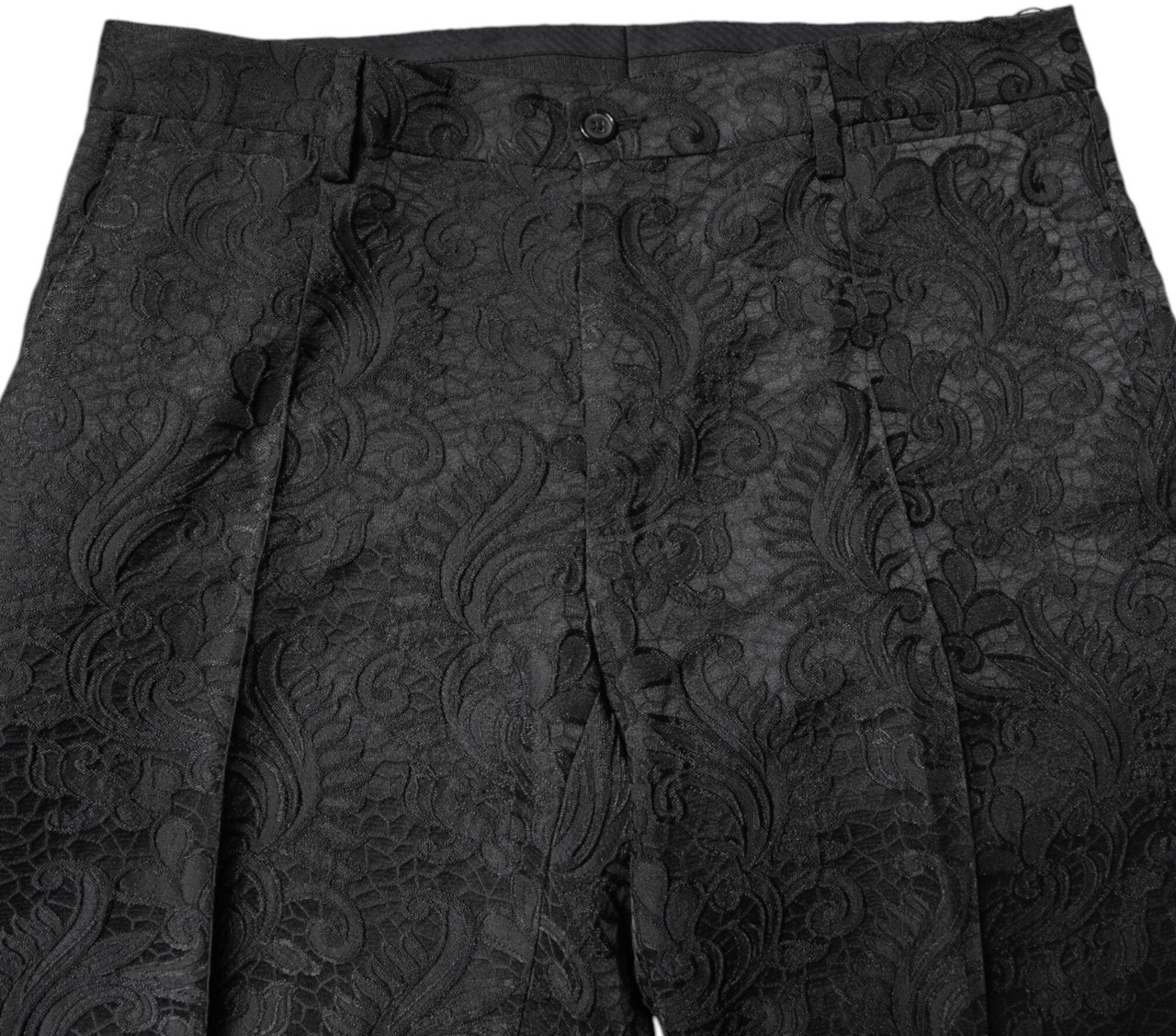 Dolce & Gabbana Black Floral Jacquard Mid Waist Dress Pants Zwart