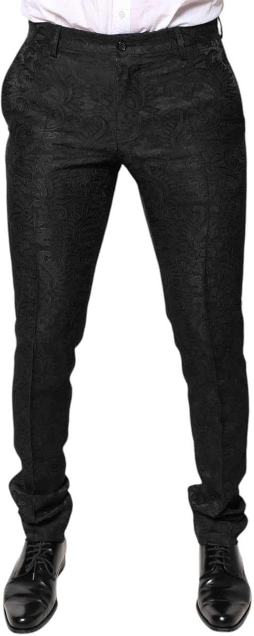 Dolce & Gabbana Black Floral Jacquard Mid Waist Dress Pants Zwart