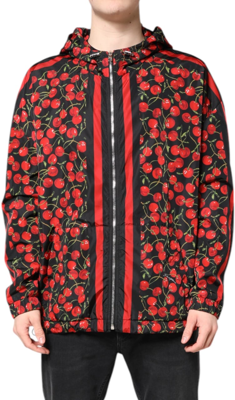 Dolce & Gabbana Black Cherry Print Hooded Windbreaker Jacket Divers