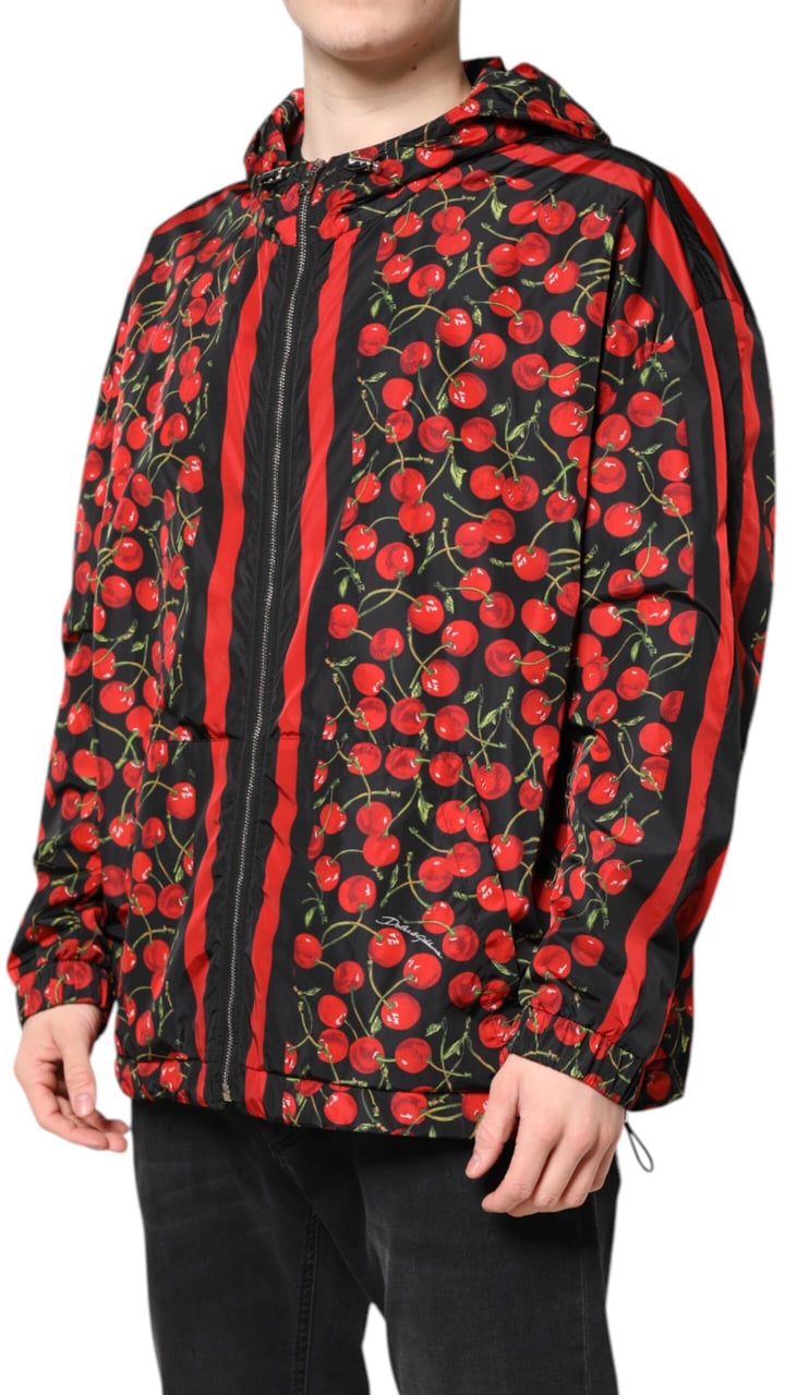 Dolce & Gabbana Black Cherry Print Hooded Windbreaker Jacket Divers