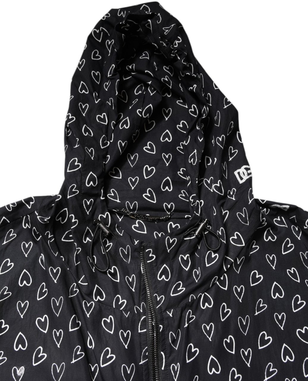 Dolce & Gabbana Black Heart Print Hooded Windbreaker Jacket Zwart