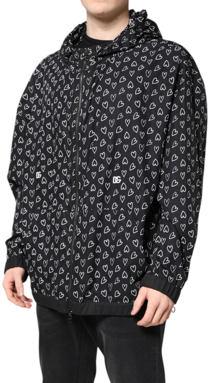 Dolce & Gabbana Black Heart Print Hooded Windbreaker Jacket Zwart