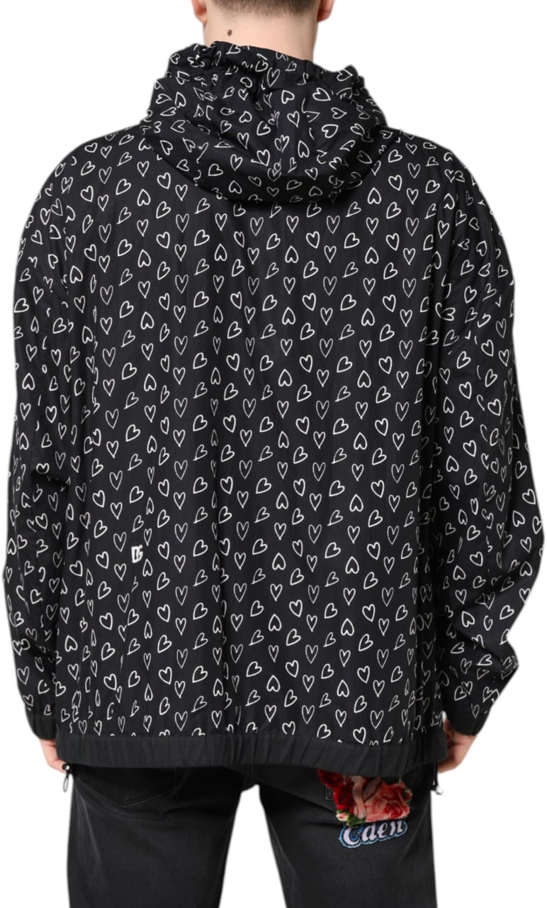 Dolce & Gabbana Black Heart Print Hooded Windbreaker Jacket Zwart