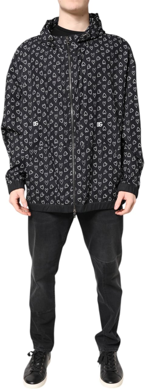 Dolce & Gabbana Black Heart Print Hooded Windbreaker Jacket Zwart
