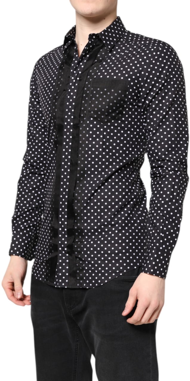 Dolce & Gabbana Black Polka Dot Long Sleeves Gold Formal Shirt Zwart