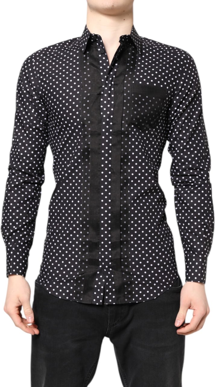 Dolce & Gabbana Black Polka Dot Long Sleeves Gold Formal Shirt Zwart
