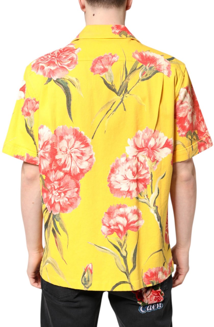 Dolce & Gabbana Yellow Floral Men Button Down Casual Shirt Geel