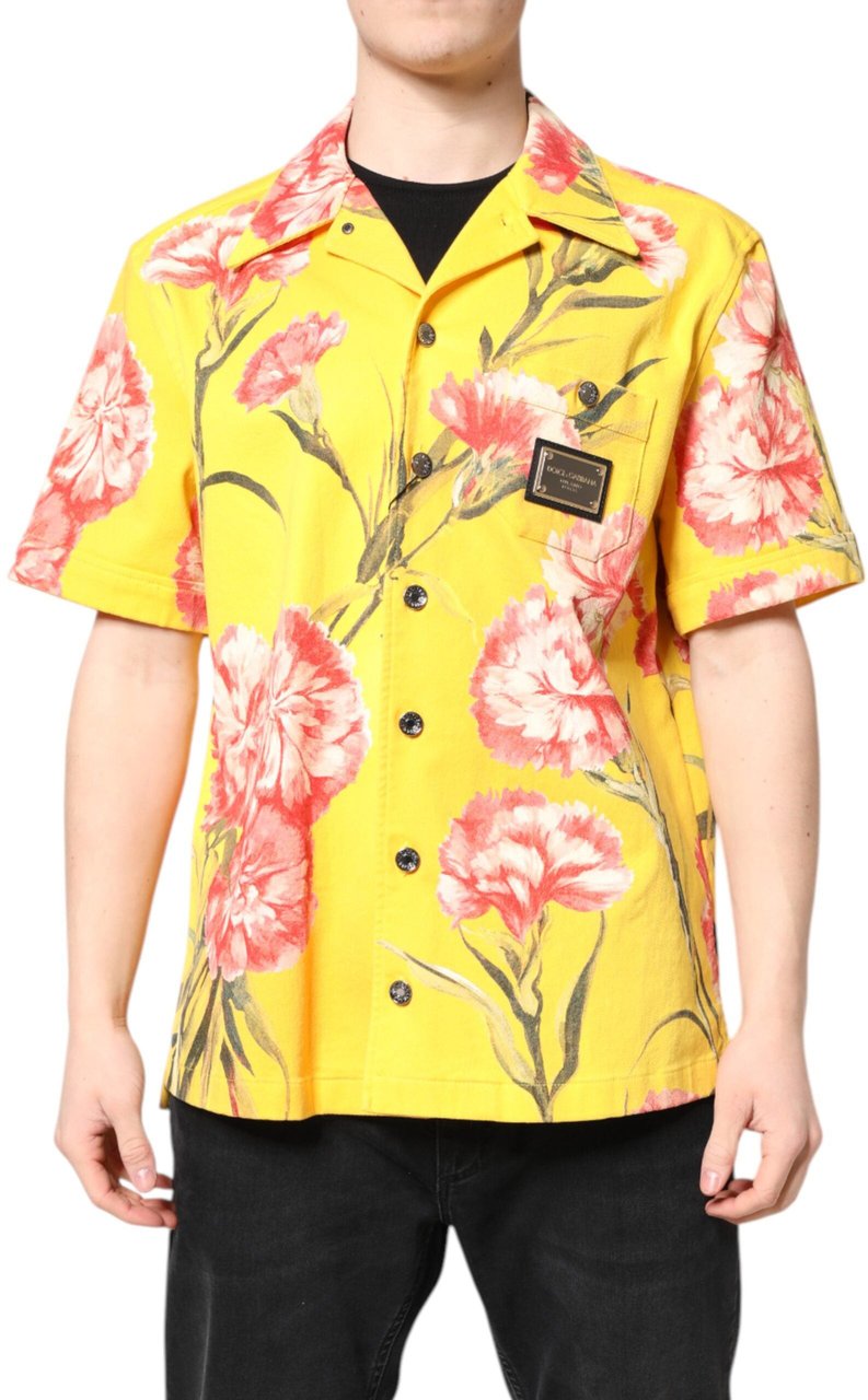 Dolce & Gabbana Yellow Floral Men Button Down Casual Shirt Geel