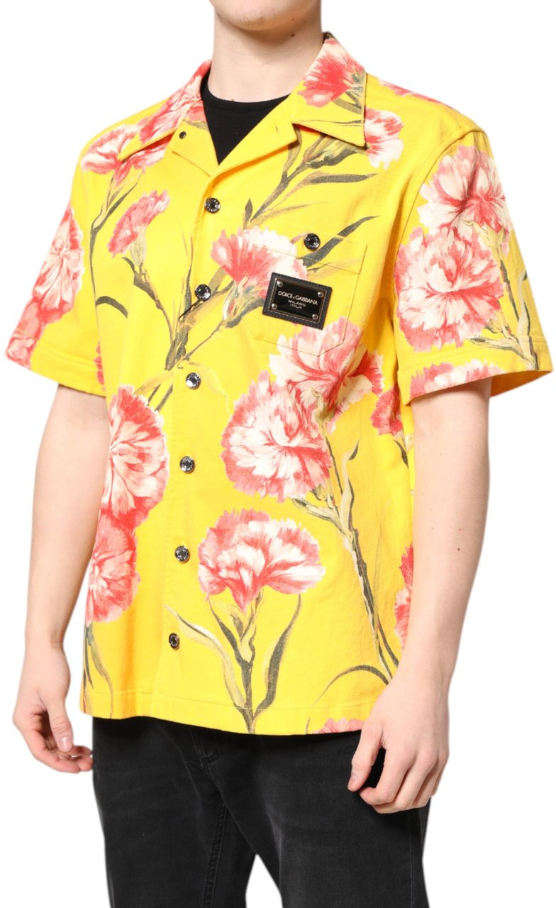 Dolce & Gabbana Yellow Floral Men Button Down Casual Shirt Geel