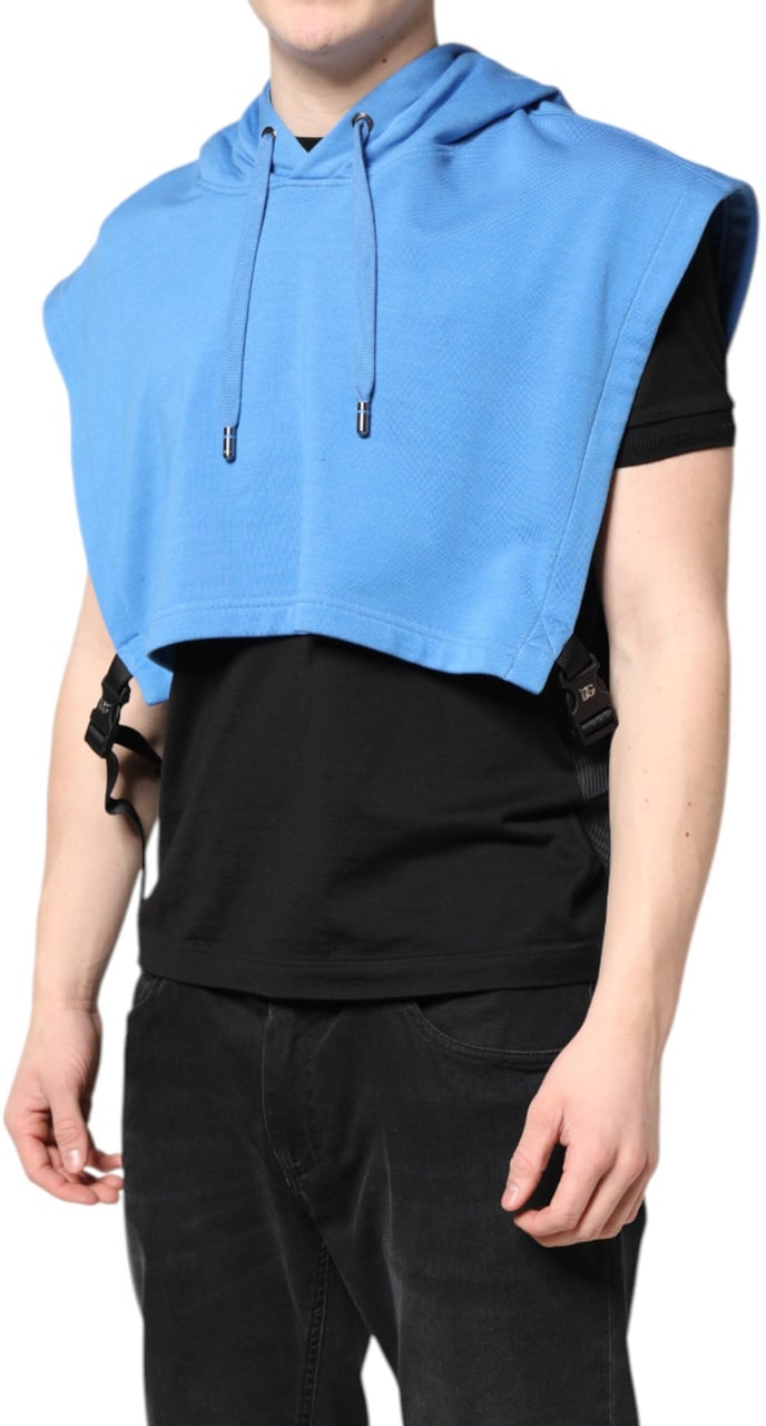 Dolce & Gabbana Blue Cotton Hooded Men Sportswear Vest Sweater Blauw