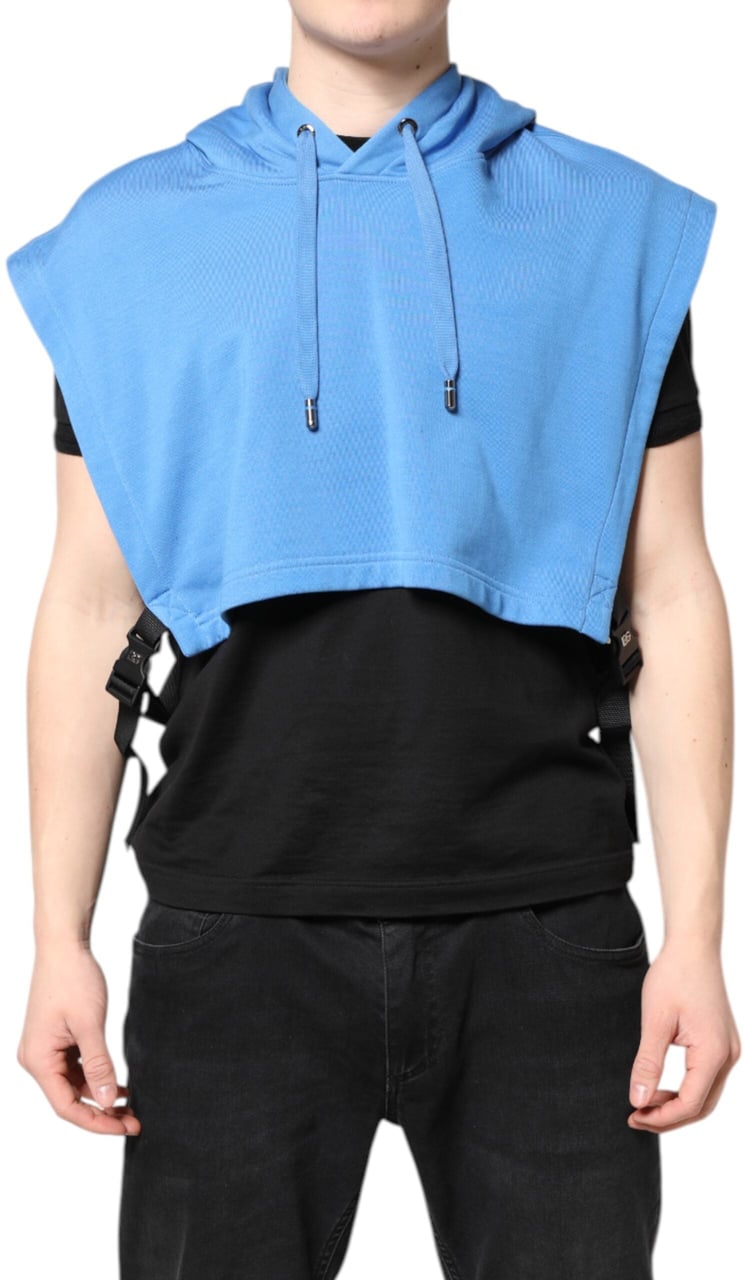 Dolce & Gabbana Blue Cotton Hooded Men Sportswear Vest Sweater Blauw