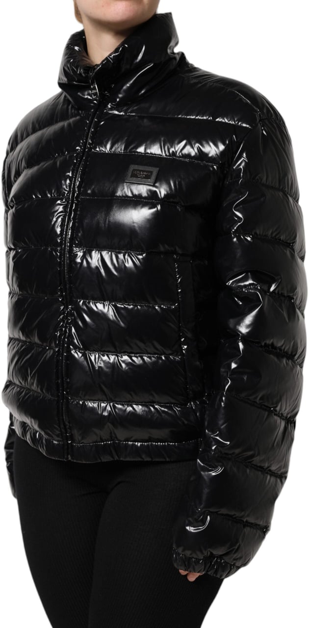 Dolce & Gabbana Black Logo Plaque Full Zip Puffer Jacket Zwart