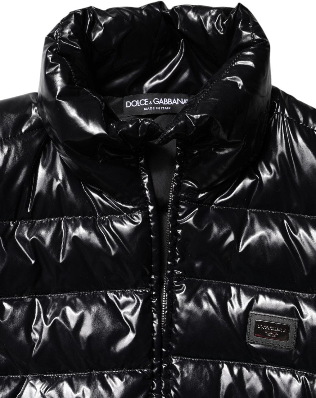 Dolce & Gabbana Black Logo Plaque Full Zip Puffer Jacket Zwart