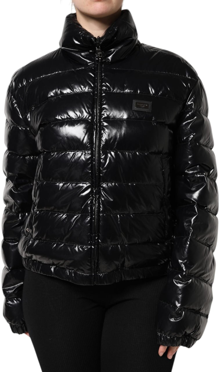 Dolce & Gabbana Black Logo Plaque Full Zip Puffer Jacket Zwart