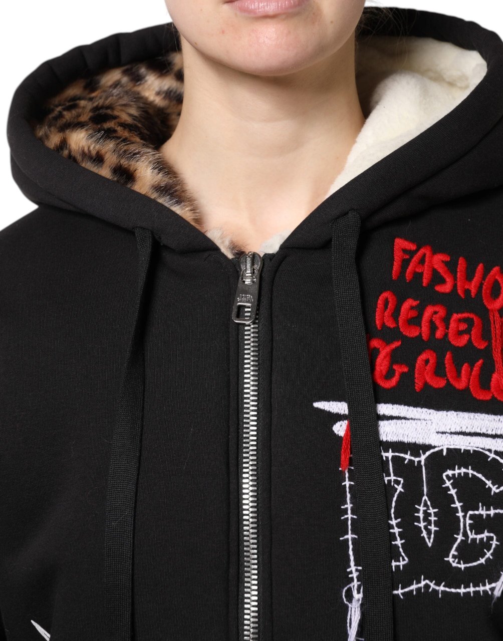 Dolce & Gabbana Black Embroidered Full Zip Hooded Jacket Zwart