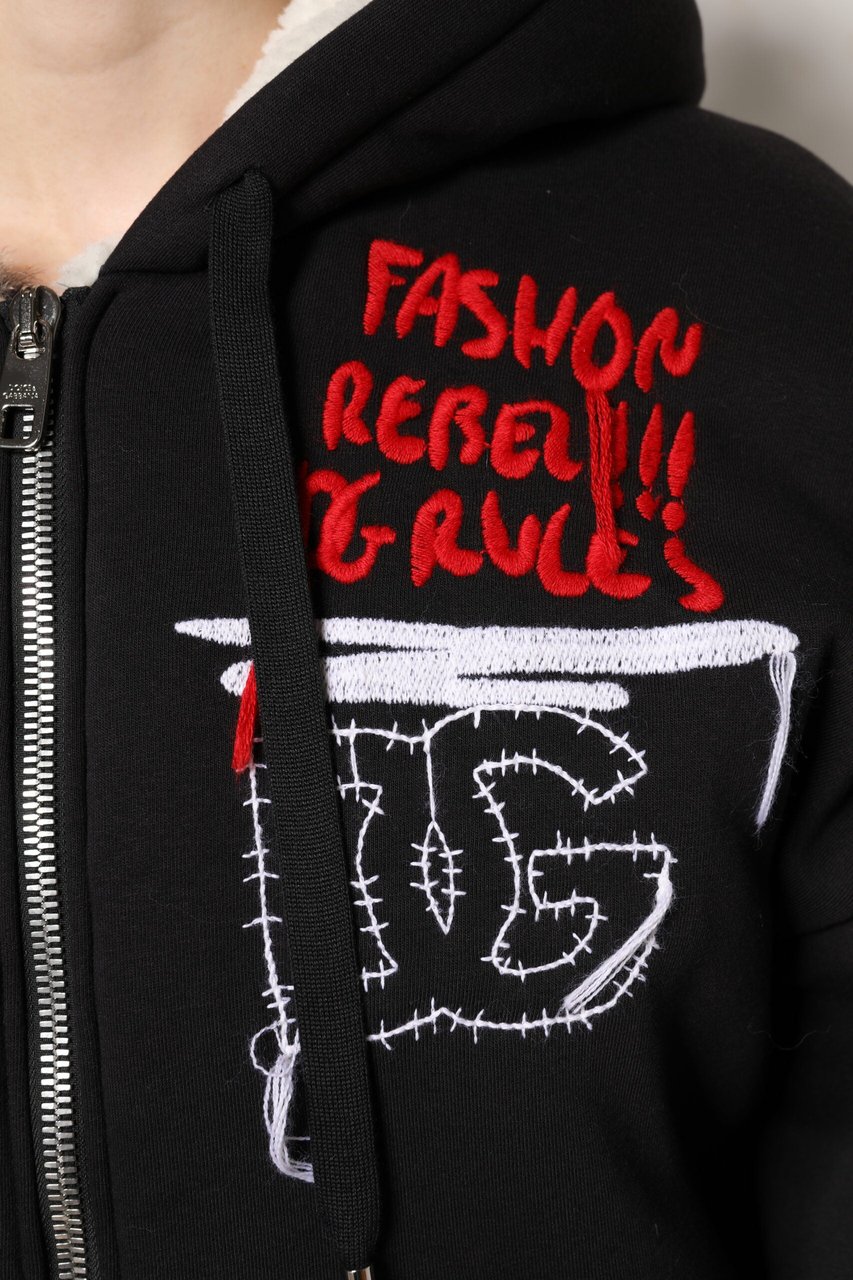 Dolce & Gabbana Black Embroidered Full Zip Hooded Jacket Zwart