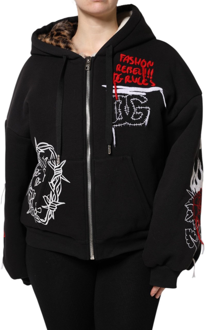 Dolce & Gabbana Black Embroidered Full Zip Hooded Jacket Zwart