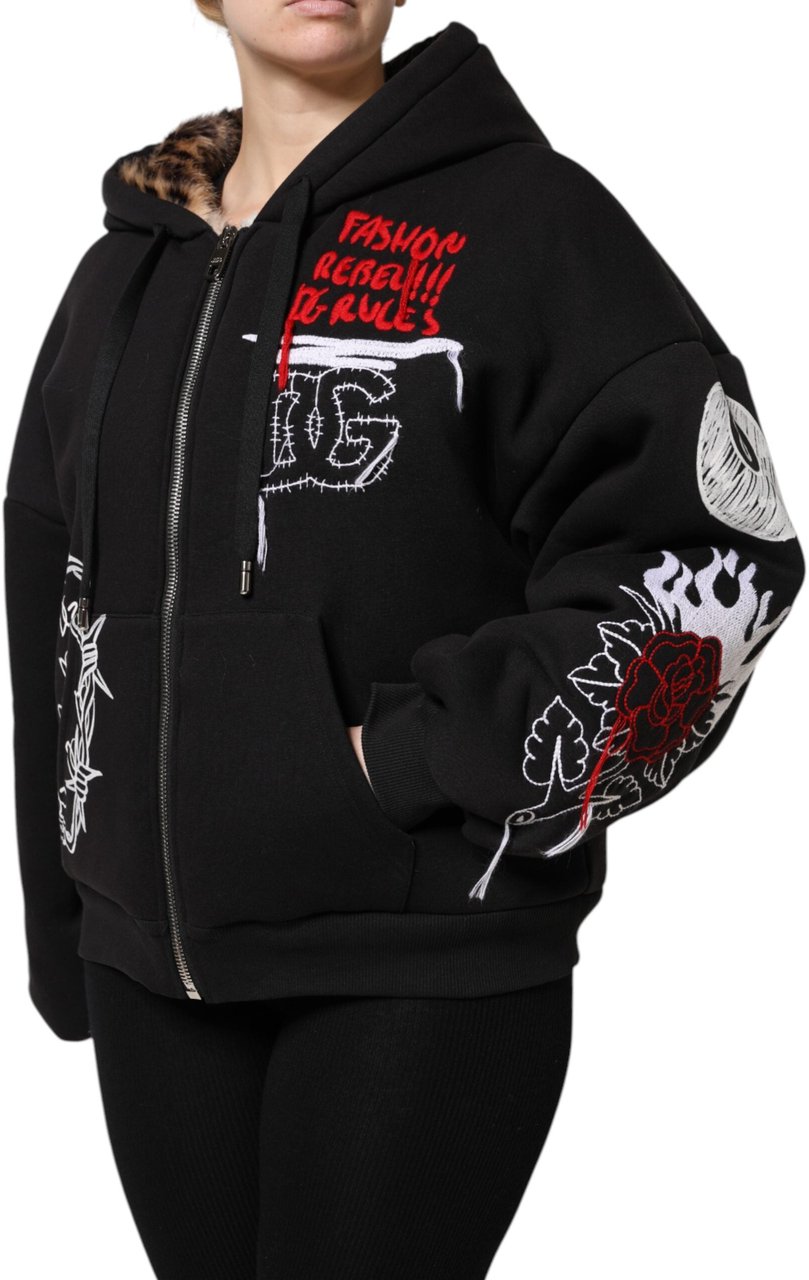 Dolce & Gabbana Black Embroidered Full Zip Hooded Jacket Zwart