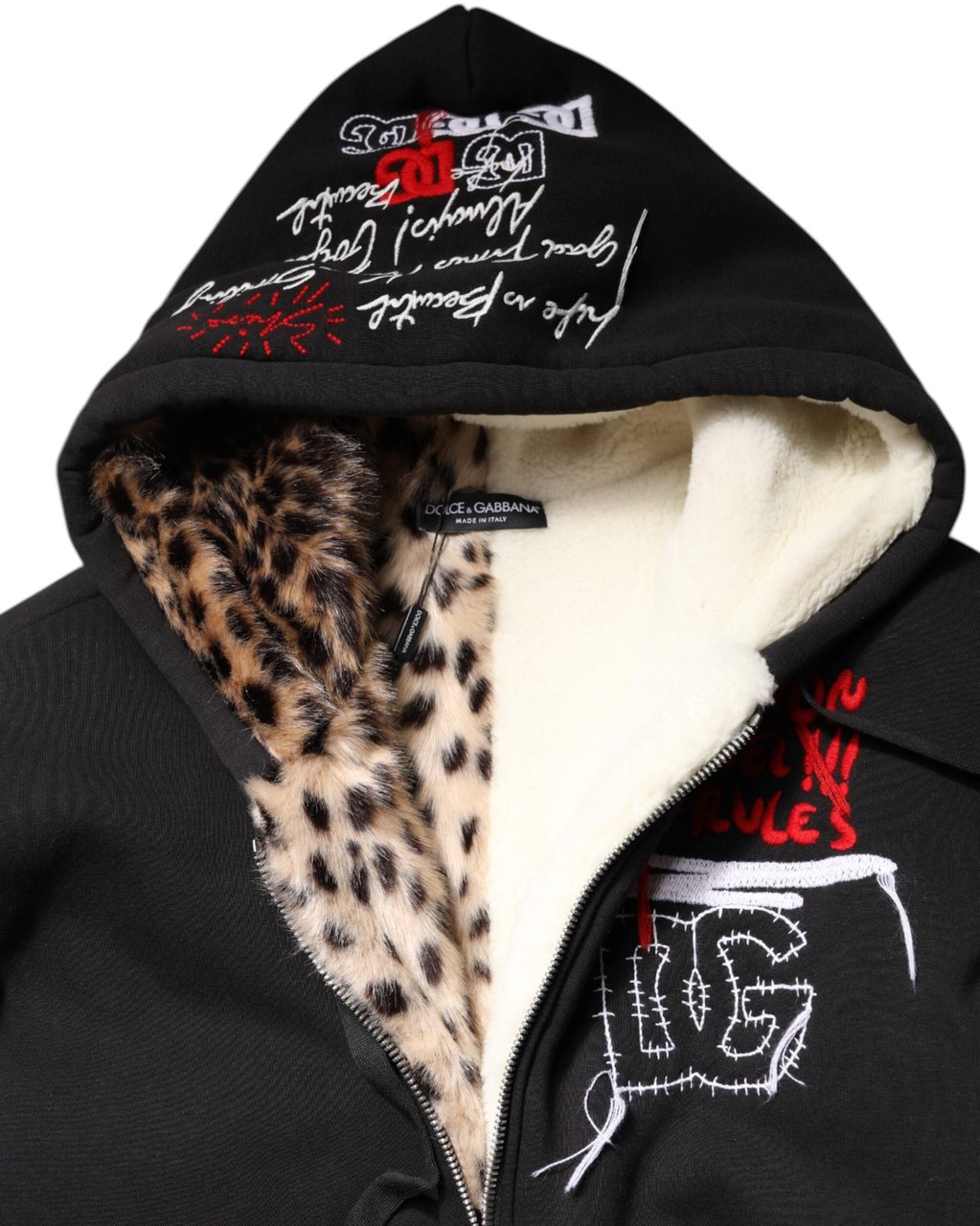 Dolce & Gabbana Black Embroidered Full Zip Hooded Jacket Zwart