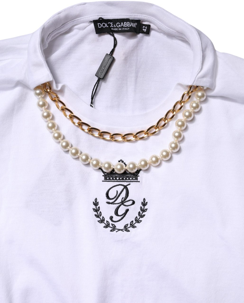 Dolce & Gabbana White Chain Pearl Cotton Round Neck T-shirt Roze