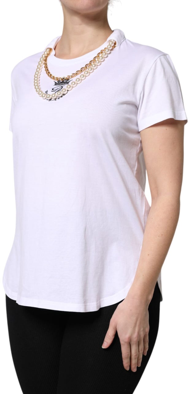 Dolce & Gabbana White Chain Pearl Cotton Round Neck T-shirt Roze