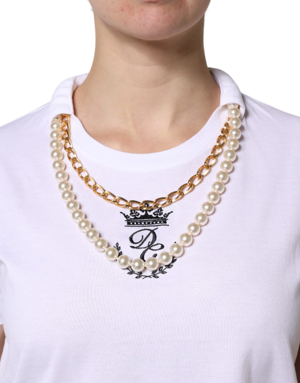 Dolce & Gabbana White Chain Pearl Cotton Round Neck T-shirt Roze