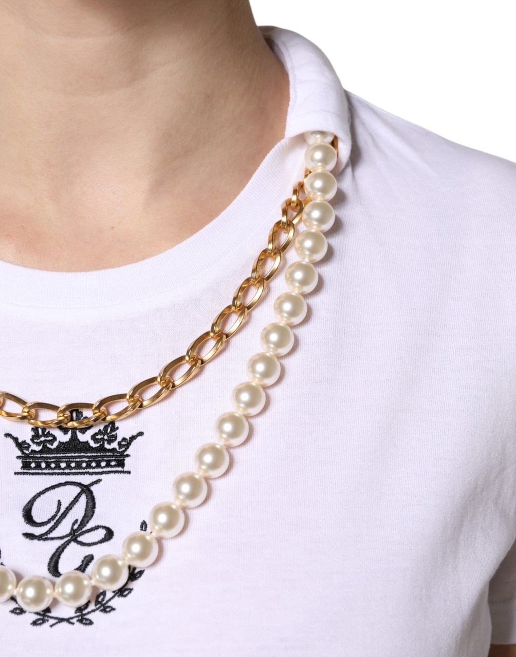 Dolce & Gabbana White Chain Pearl Cotton Round Neck T-shirt Roze