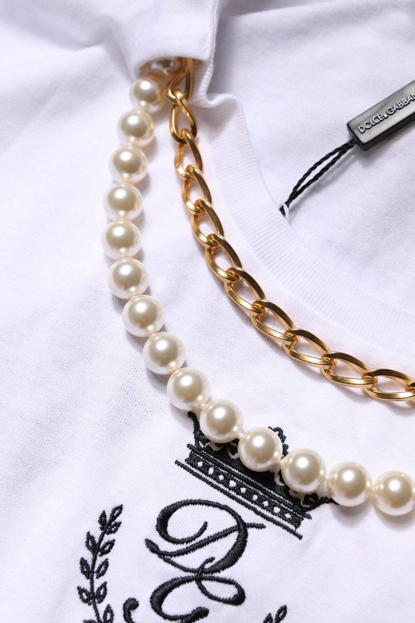 Dolce & Gabbana White Chain Pearl Cotton Round Neck T-shirt Roze