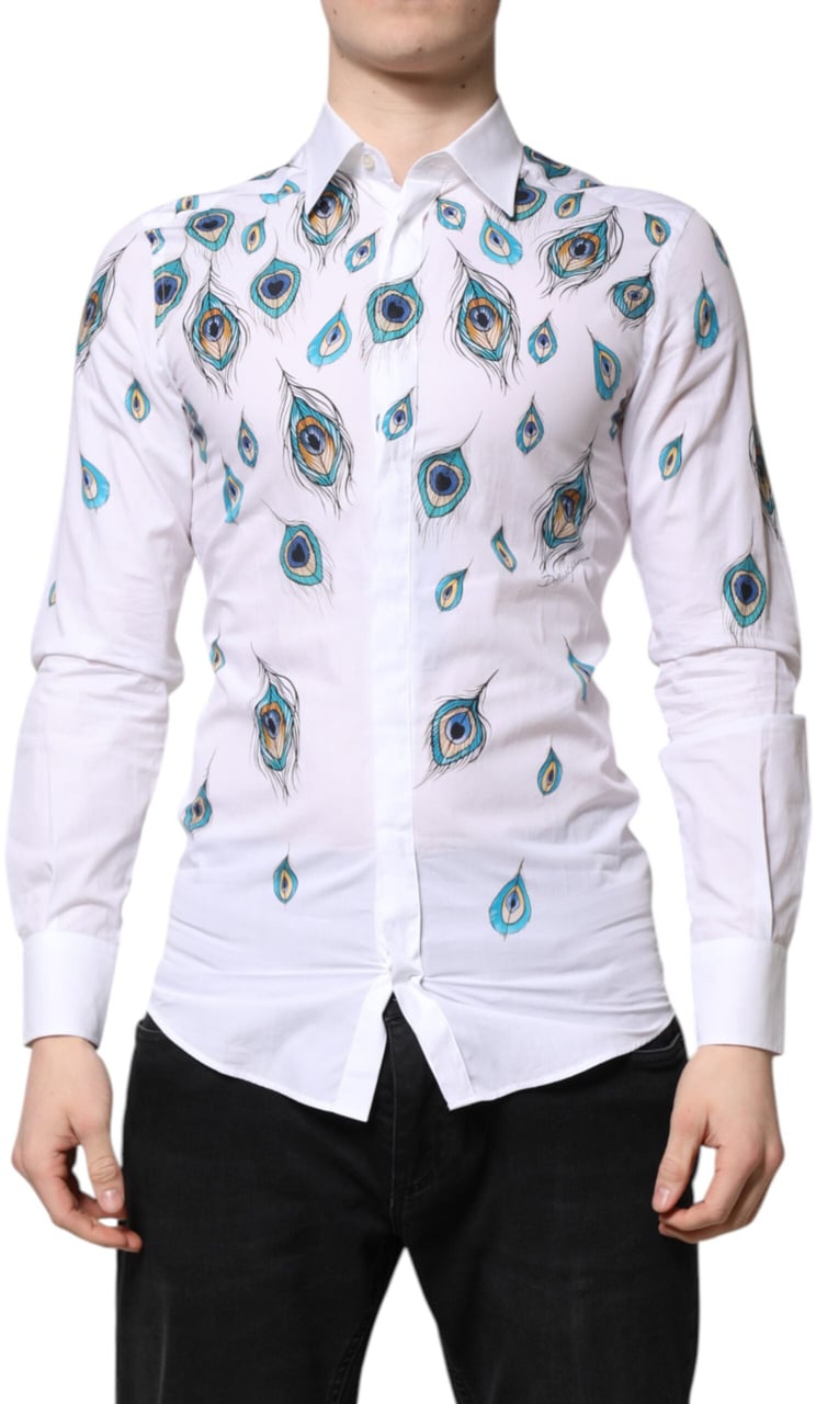 Dolce & Gabbana White Cotton Feather Print GOLD Dress Shirt Bruin