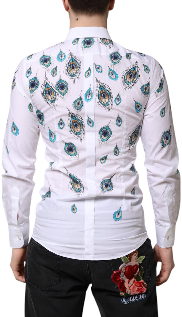 Dolce & Gabbana White Cotton Feather Print GOLD Dress Shirt Bruin