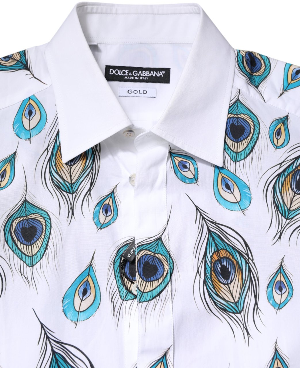 Dolce & Gabbana White Cotton Feather Print GOLD Dress Shirt Bruin