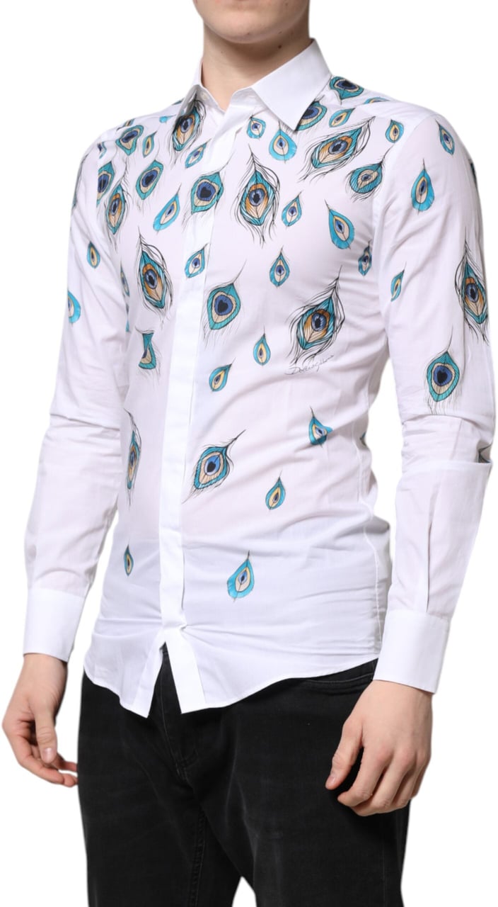 Dolce & Gabbana White Cotton Feather Print GOLD Dress Shirt Bruin