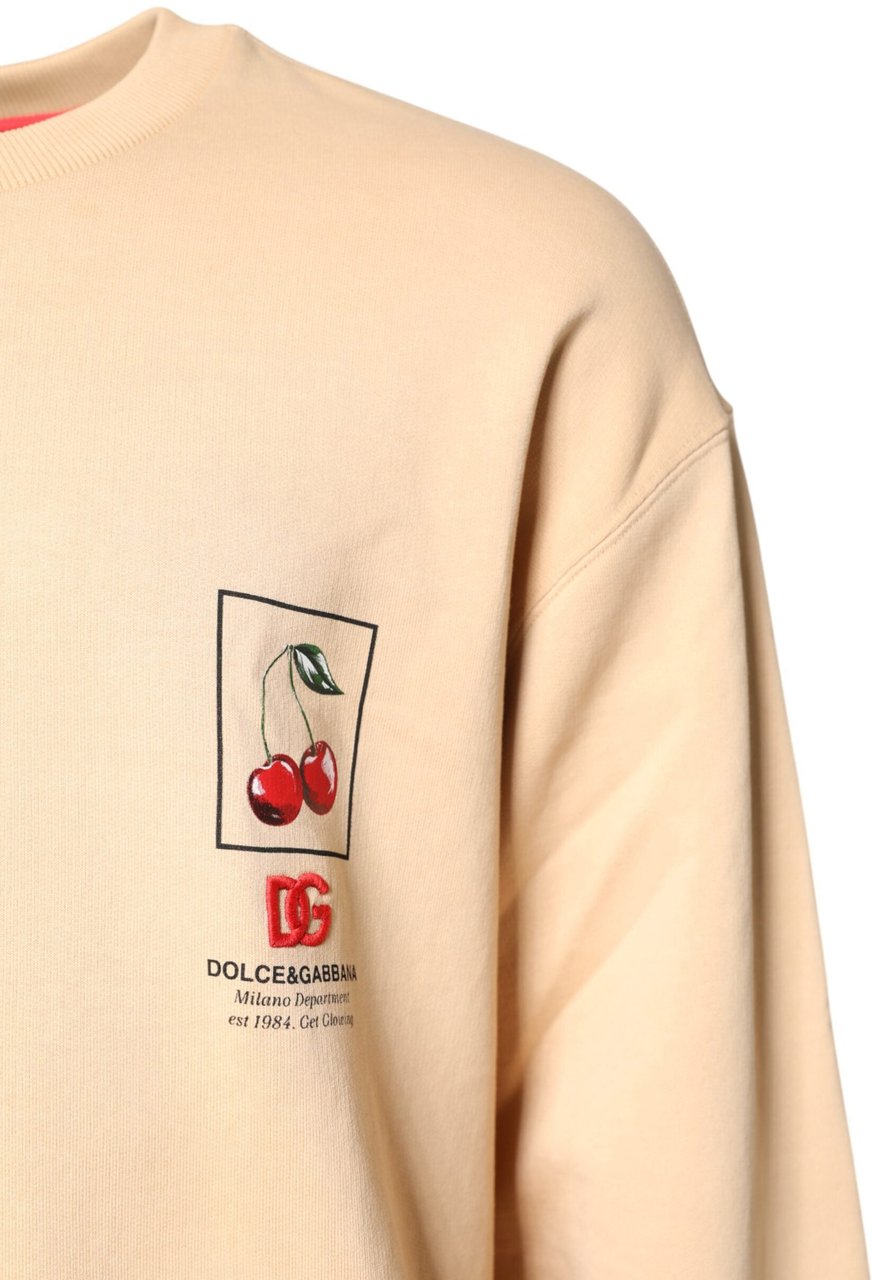 Dolce & Gabbana Beige Cherry Print Crew Neck Pullover Sweater Zwart