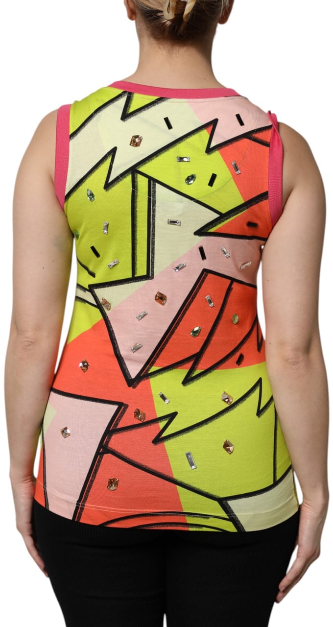Dolce & Gabbana Multicolor Printed Crystal Embellishment Top Zwart