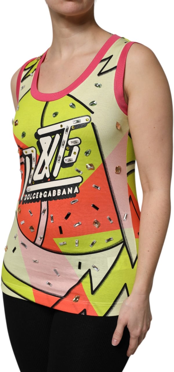 Dolce & Gabbana Multicolor Printed Crystal Embellishment Top Zwart