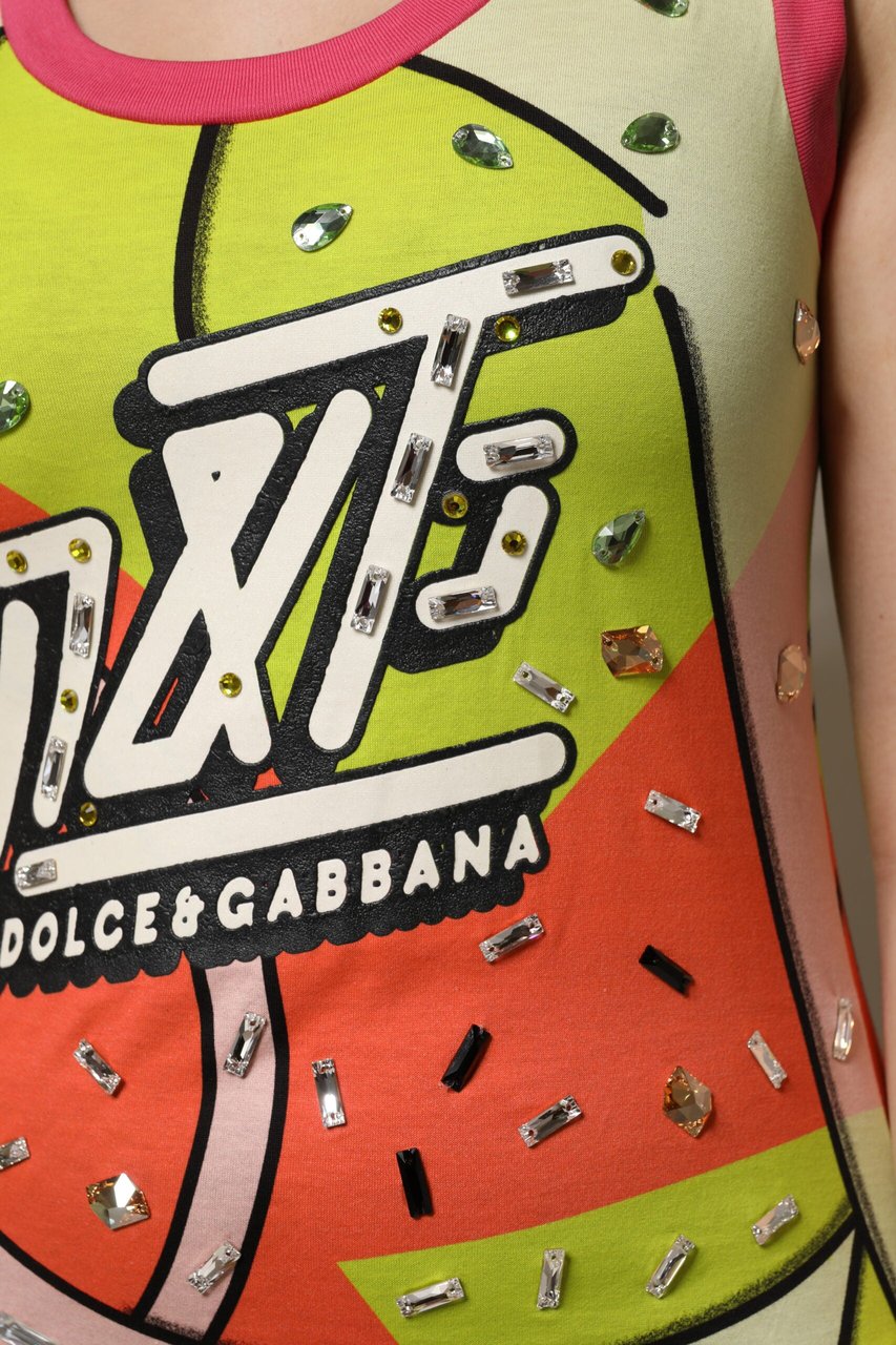 Dolce & Gabbana Multicolor Printed Crystal Embellishment Top Zwart