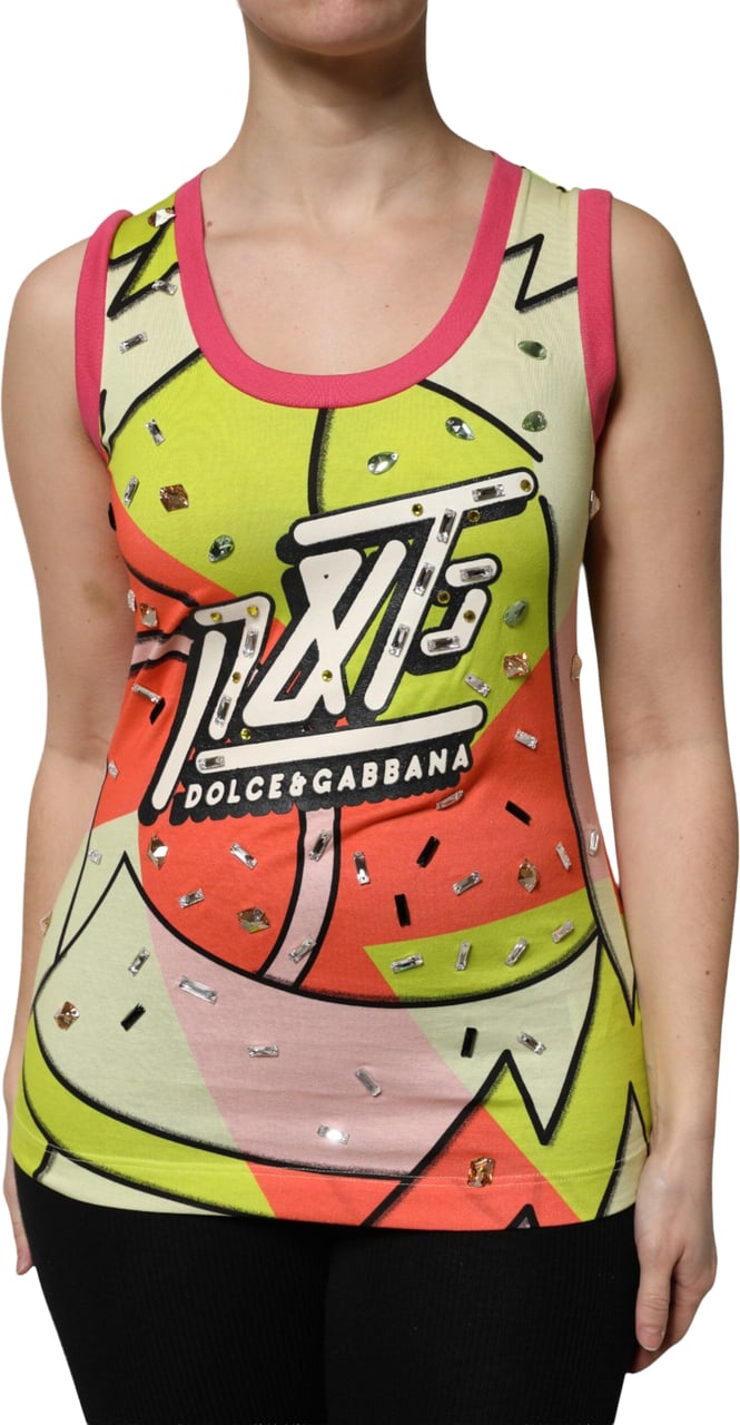 Dolce & Gabbana Multicolor Printed Crystal Embellishment Top Zwart