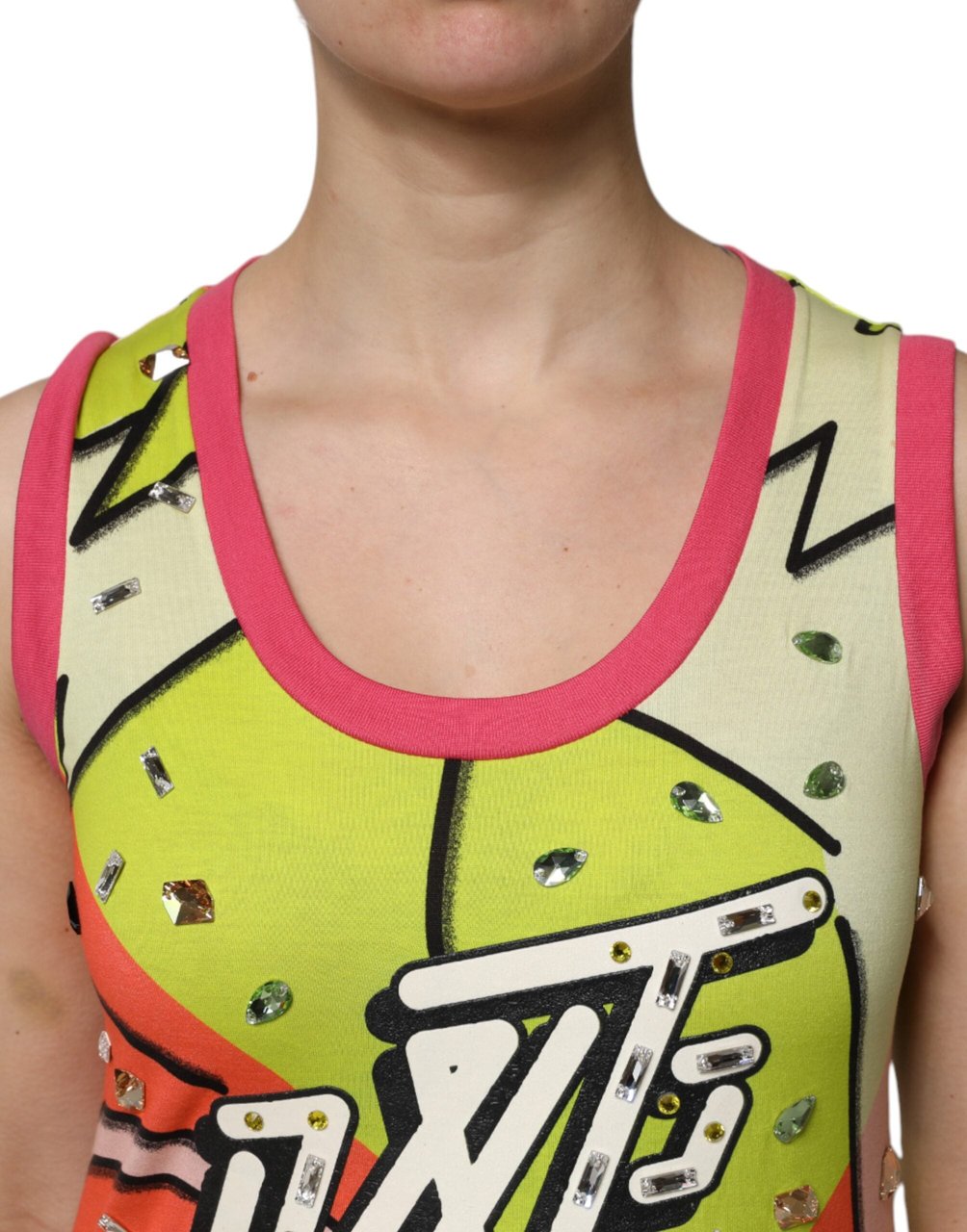 Dolce & Gabbana Multicolor Printed Crystal Embellishment Top Zwart