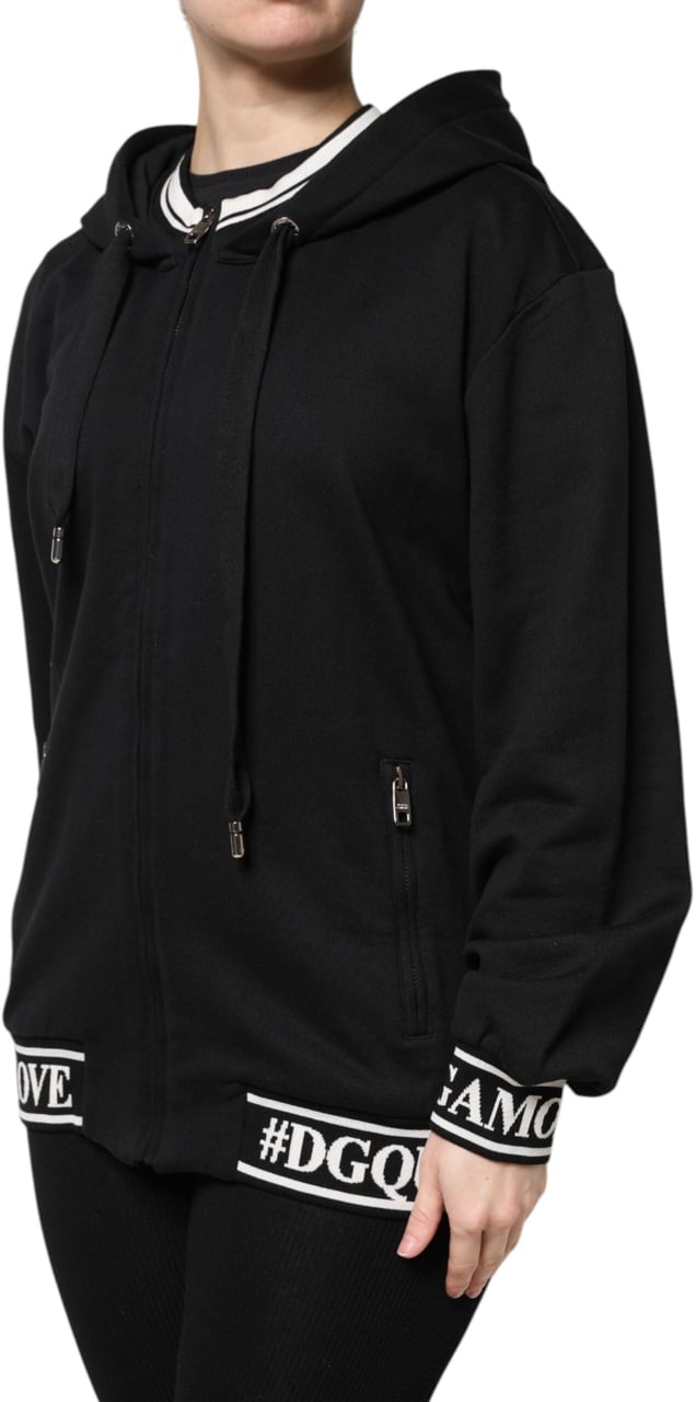 Dolce & Gabbana Black Cotton Hooded Full Zip Sweatshirt Sweater Zwart