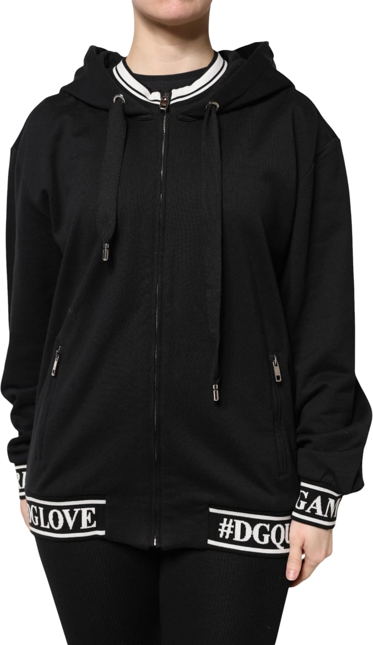 Dolce & Gabbana Black Cotton Hooded Full Zip Sweatshirt Sweater Zwart
