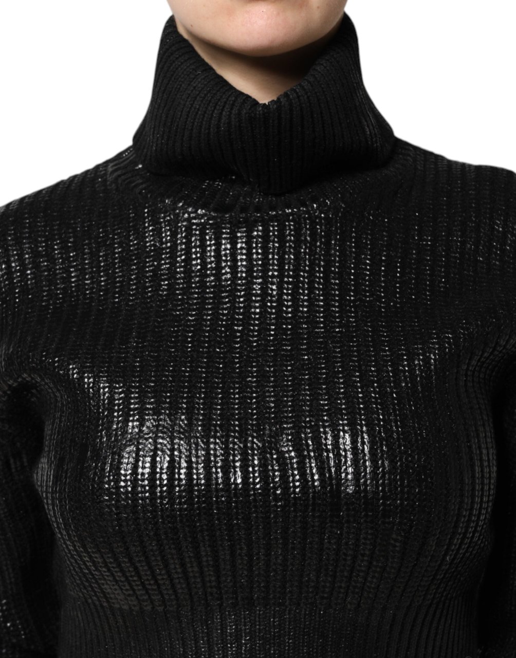 Dolce & Gabbana Black Wool Long Sleeve Turtleneck Cropped Top Zwart