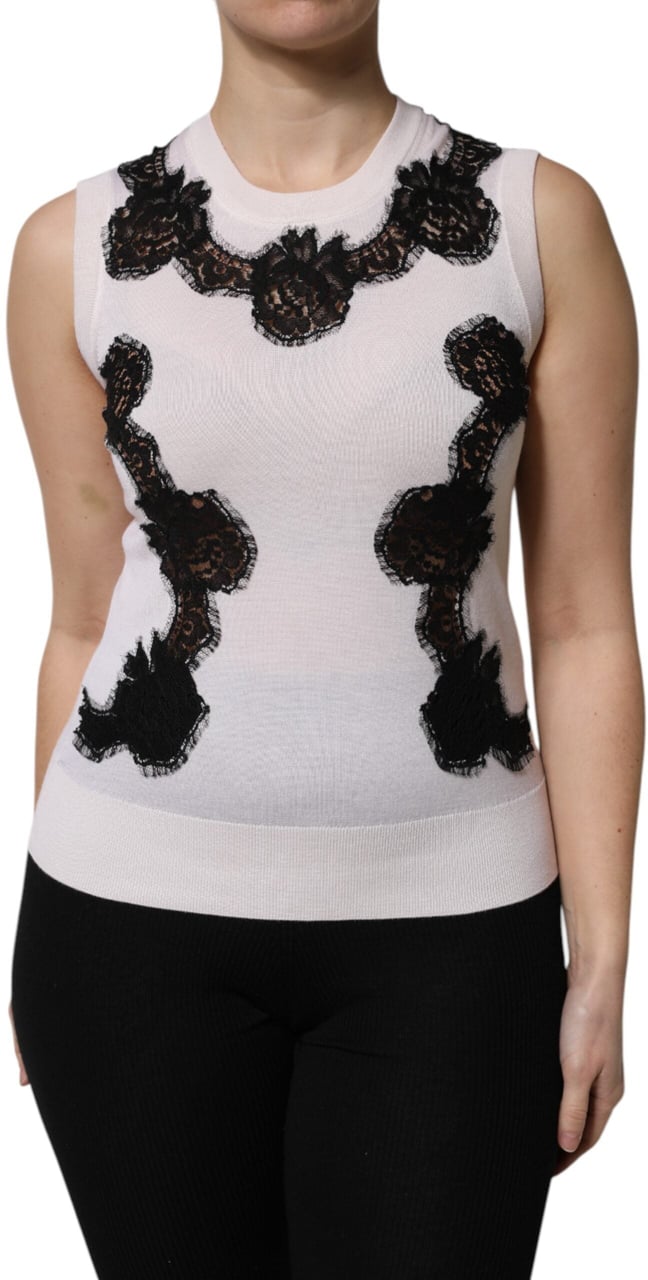 Dolce & Gabbana White Cashmere Floral Lace Detailing Tank Top Divers