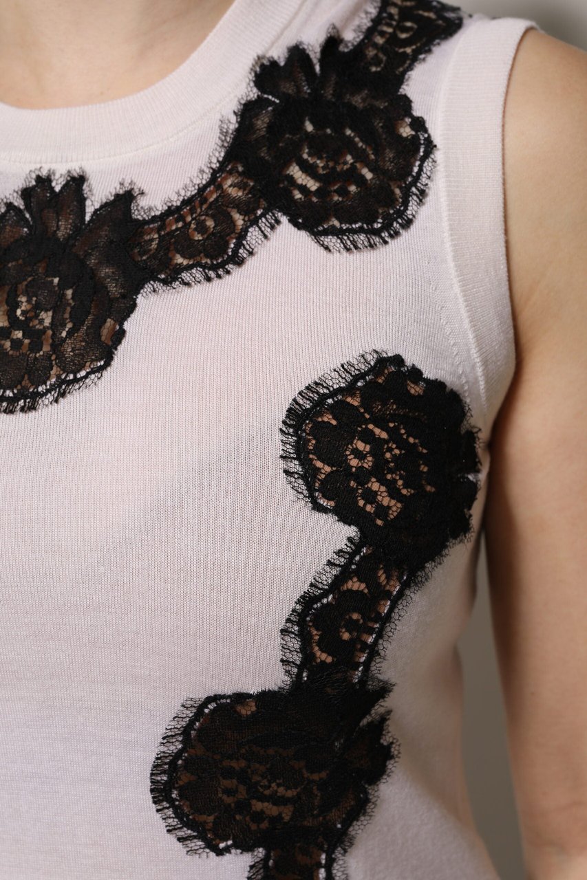 Dolce & Gabbana White Cashmere Floral Lace Detailing Tank Top Divers