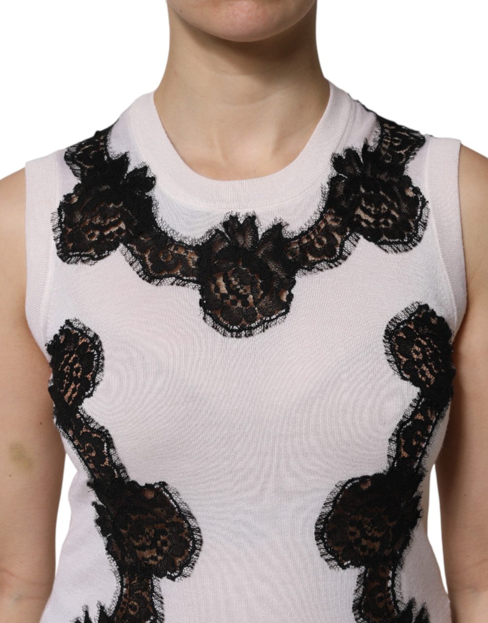 Dolce & Gabbana White Cashmere Floral Lace Detailing Tank Top Divers