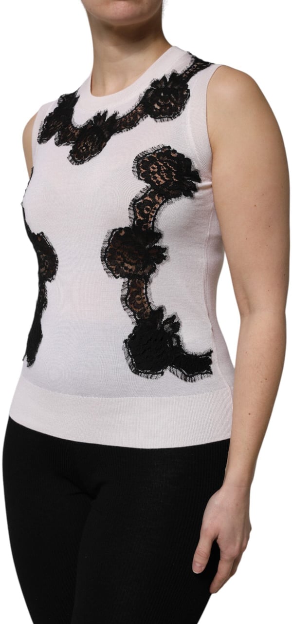 Dolce & Gabbana White Cashmere Floral Lace Detailing Tank Top Divers